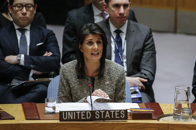 US Ambassador to the United Nations Nikki Haley speaks at a UN Security Council emergency meeting over the launch of another ballistic missile by North Korea on November 29, 2017, at UN Headquarters in New York.  / AFP PHOTO / KENA BETANCUR        (Photo credit should read KENA BETANCUR/AFP/Getty Images)