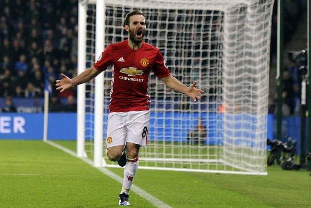Manchester United's Juan Mata celebrates after scoring his side's third goal during the English Premier League soccer match between Leicester City and Manchester United at the King Power Stadium in Leicester, England, Sunday, Feb. 5, 2017. (AP Photo/Rui Vieira)