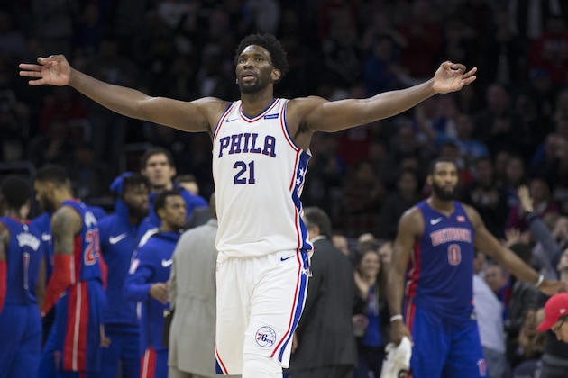PHILADELPHIA, PA - DECEMBER 2: Joel Embiid #21 of the Philadelphia 76ers reacts in front of Andre Drummond #0 of the Detroit Pistons after a timeout in the fourth quarter at the Wells Fargo Center on December 2, 2017 in Philadelphia, Pennsylvania. The 76ers defeated the Pistons 108-103. NOTE TO USER: User expressly acknowledges and agrees that, by downloading and or using this photograph, User is consenting to the terms and conditions of the Getty Images License Agreement. (Photo by Mitchell Leff/Getty Images)