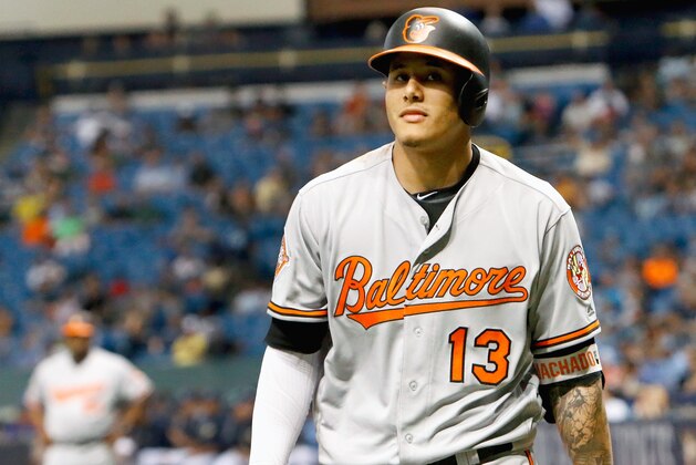 ST. PETERSBURG, FL - OCTOBER 1: Manny Machado #13 of the Baltimore Orioles walks back to the dugout after striking out during the game against the Tampa Bay Rays at Tropicana Field on October 1, 2017 in St. Petersburg, Florida. (Photo by Joseph Garnett Jr./Getty Images)