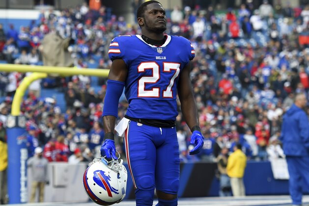 Buffalo Bills cornerback Tre'Davious White (27) walks on the field prior to an NFL football game against the New England Patriots, Sunday, Dec. 3, 2017, in Orchard Park, N.Y. The Patriots won 23-3. (AP Photo/Rich Barnes)