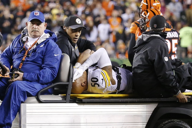 FILE - In this Monday, Dec. 4, 2017, file photo, Pittsburgh Steelers inside linebacker Ryan Shazier (50) is carted off the field after an injury in the first half of an NFL football game against the Cincinnati Bengals, in Cincinnati. The Steelers are spending this week trying to figure out who to play at inside linebacker in place of injured Ryan Shazier. (AP Photo/Frank Victores, File)
