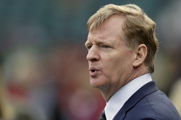 NFL Commissioner Roger Goodell stands on the field during the warm-up before an NFL football game between the Cleveland Browns and the Minnesota Vikings at Twickenham Stadium in London, Sunday Oct. 29, 2017. (AP Photo/Tim Ireland)