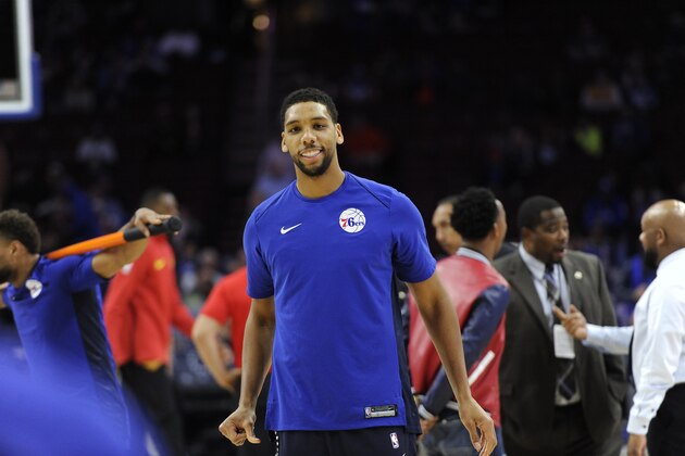 Philadelphia 76ers' Jahlil Okafor (8) is seen in action during an NBA basketball game against the Atlanta Hawks, Wednesday, Nov. 1, 2017, in Philadelphia. (AP Photo/Michael Perez)