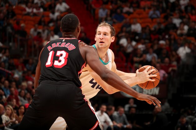 MIAMI, FL - DECEMBER 1:  Cody Zeller #40 of the Charlotte Hornets handles the ball against the Miami Heat on December 1, 2017 at American Airlines Arena in Miami, Florida. NOTE TO USER: User expressly acknowledges and agrees that, by downloading and or using this Photograph, user is consenting to the terms and conditions of the Getty Images License Agreement. Mandatory Copyright Notice: Copyright 2017 NBAE (Photo by Issac Baldizon/NBAE via Getty Images)