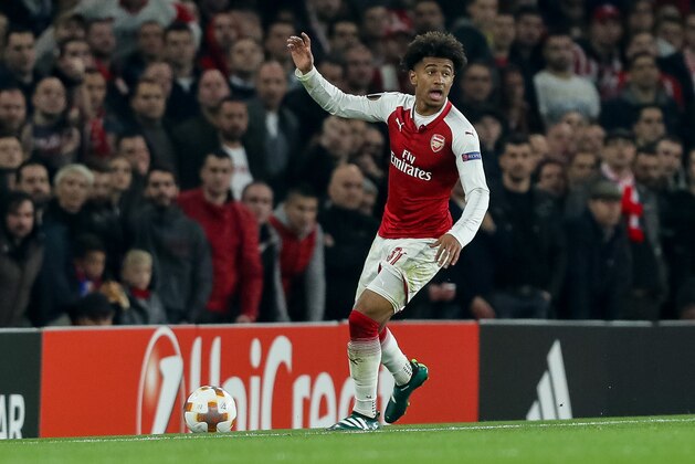 LONDON, ENGLAND - NOVEMBER 02: Reiss Nelson of Arsenal controls the ball during UEFA Europa League Group H match between Arsenal and Red Star Belgrade (Crvena Zvezda) at The Emirates , London 2 Nov 2017 (Photo by TF-Images/TF-Images via Getty Images)