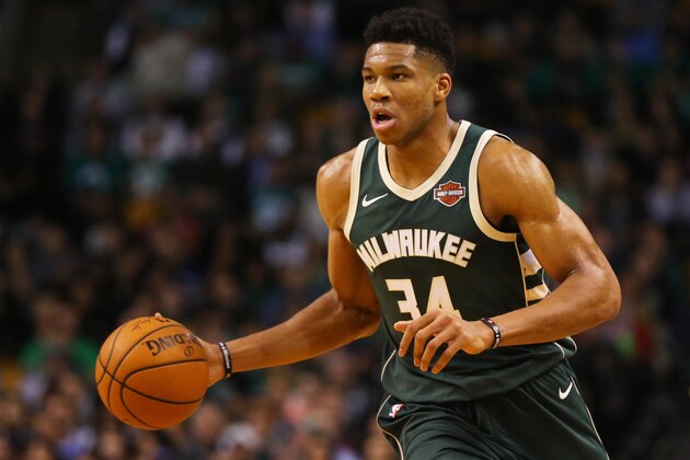 BOSTON, MA - DECEMBER 4: Giannis Antetokounmpo #34 of the Milwaukee Bucks dribbles against the Boston Celtics during the first quarter at TD Garden on December 4, 2017 in Boston, Massachusetts. (Photo by Maddie Meyer/Getty Images)