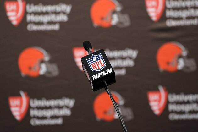 The league logo is shown on a microphone before a Cleveland Browns news conference after an NFL football game against the Houston Texans on Sunday, Oct. 15, 2017, in Houston. (AP Photo/Eric Gay)