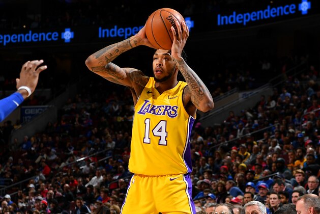 PHILADELPHIA, PA - DECEMBER 7: Brandon Ingram #14 of the Los Angeles Lakers handles the ball during the game against the Philadelphia 76ers  on December 7, 2017 at Wells Fargo Center in Philadelphia, Pennsylvania. NOTE TO USER: User expressly acknowledges and agrees that, by downloading and/or using this Photograph, user is consenting to the terms and conditions of the Getty Images License Agreement. Mandatory Copyright Notice: Copyright 2017 NBAE (Photo by Jesse D. Garrabrant/NBAE via Getty Images)