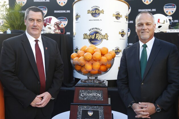 Wisconsin head coach Paul Chryst, left, and Miami head coach Mark Richt pose with the Orange Bowl trophy during a news conference, Wednesday, Dec. 6, 2017 in Hollywood, Fla. Wisconsin will play Miami Dec. 30 in the Orange Bowl at Hard Rock Stadium in Miami Gardens, Fla. (AP Photo/Wilfredo Lee)