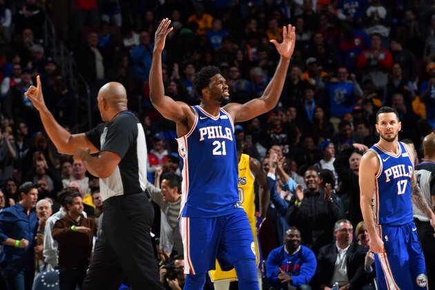 PHILADELPHIA, PA - DECEMBER 7: Joel Embiid #21 of the Philadelphia 76ers reacts during the game against the Los Angeles Lakers  on December 7, 2017 at Wells Fargo Center in Philadelphia, Pennsylvania. NOTE TO USER: User expressly acknowledges and agrees that, by downloading and/or using this Photograph, user is consenting to the terms and conditions of the Getty Images License Agreement. Mandatory Copyright Notice: Copyright 2017 NBAE (Photo by Jesse D. Garrabrant/NBAE via Getty Images)