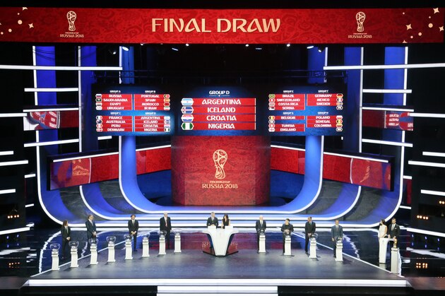 Group D is on display at the 2018 soccer World Cup draw in the Kremlin in Moscow, Friday, Dec. 1, 2017. (AP Photo/Ivan Sekretarev)