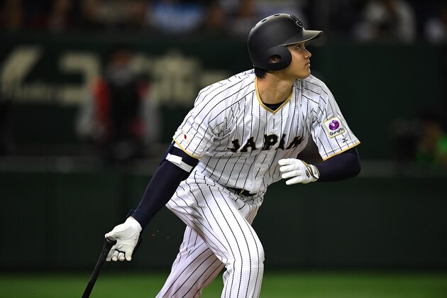 TOKYO, JAPAN - NOVEMBER 12:  Shohei Ohtani #16 of Japan hits a solo homer in the fifth inning during the international friendly match between Japan and Netherlands at the Tokyo Dome on November 12, 2016 in Tokyo, Japan.  (Photo by Masterpress/Getty Images)