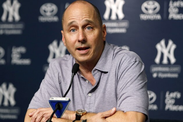 New York Yankees general manager Brian Cashman speaks during a news conference in which he addressed the team's trades and acquisitions in New York, Monday, July 31, 2017. (AP Photo/Kathy Willens)