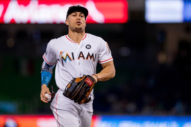 MIAMI, FL - OCTOBER 01: Giancarlo Stanton #27 of the Miami Marlins during the game against the Atlanta Braves at Marlins Park on October 1, 2017 in Miami, Florida. (Photo by Rob Foldy/Miami Marlins via Getty Images)