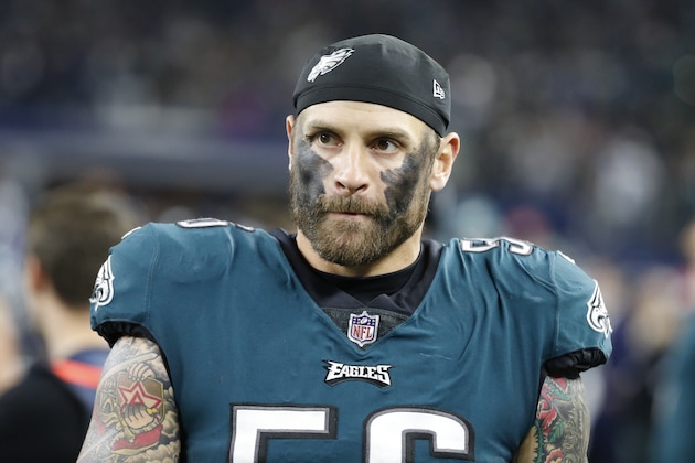 Philadelphia Eagles defensive end Chris Long (56) walks on the sidleline during an NFL football game against the Dallas Cowboys, Sunday, Nov. 19, 2017, in Arlington, Texas. (AP Photo/Michael Ainsworth)
