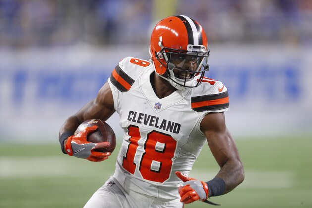 Cleveland Browns wide receiver Kenny Britt (18) runs after a catch against the Detroit Lions during an NFL football game in Detroit, Sunday, Nov. 12, 2017. (AP Photo/Paul Sancya)