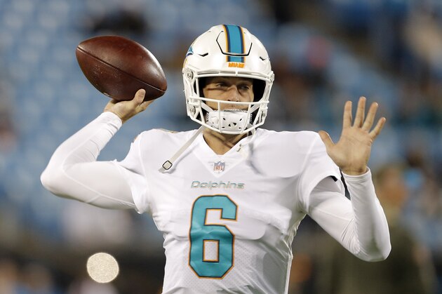 Miami Dolphins' Jay Cutler (6) warms up before an NFL football game against the Carolina Panthers in Charlotte, N.C., Monday, Nov. 13, 2017. (AP Photo/Bob Leverone)