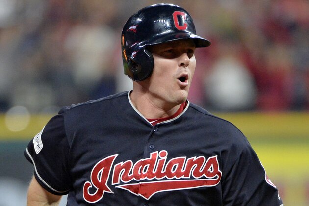 Cleveland Indians' Jay Bruce runs the bases after hitting a solo home run off New York Yankees relief pitcher David Robertson during the eighth inning of Game 2 of a baseball American League Division Series, Friday, Oct. 6, 2017, in Cleveland. (AP Photo/Phil Long)