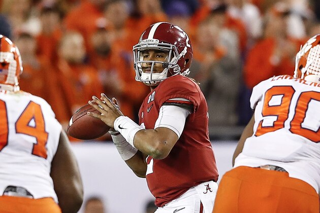 TAMPA, FL - JANUARY 09: Quarterback Jalen Hurts #2 of the Alabama Crimson Tide during the 2017 College Football Playoff National Championship Game against the Clemson Tigers at Raymond James Stadium on January 9, 2017 in Tampa, Florida. The Clemson Tigers defeated The Alabama Crimson Tide 35 to 31. (Photo by Don Juan Moore/Getty Images)