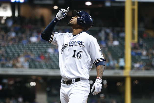 MILWAUKEE, WI - SEPTEMBER 16:  Domingo Santana #16 of the Milwaukee Brewers looks up after hitting a single during the ninth inning against the Miami Marlins at Miller Park on September 16, 2017 in Milwaukee, Wisconsin. The Marlins defeated the Brewers 7-4. (Photo by John Konstantaras/Getty Images)