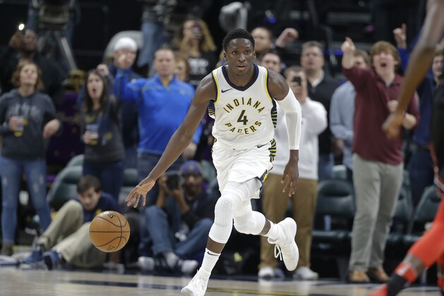 Indiana Pacers guard Victor Oladipo (4) heads up court \against the Chicago Bulls during the second half of an NBA basketball game in Indianapolis, Wednesday, Dec. 6, 2017. The Pacers defeated the Bulls 98-96. (AP Photo/Michael Conroy)