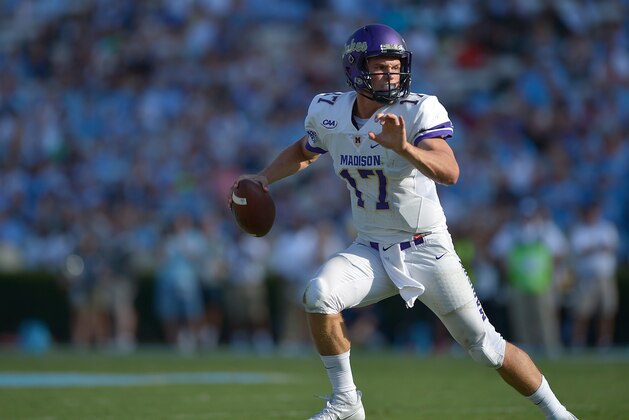 CHAPEL HILL, NC - SEPTEMBER 17:  Bryan Schor #17 of the James Madison Dukes in action against the North Carolina Tar Heels during the game at Kenan Stadium on September 17, 2016 in Chapel Hill, North Carolina.  (Photo by Grant Halverson/Getty Images)