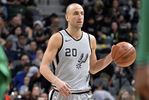 SAN ANTONIO, TX - DECEMBER 8:  Manu Ginobili #20 of the San Antonio Spurs handles the ball against the Boston Celtics on December 8, 2017 at the AT&T Center in San Antonio, Texas. NOTE TO USER: User expressly acknowledges and agrees that, by downloading and or using this photograph, user is consenting to the terms and conditions of the Getty Images License Agreement. Mandatory Copyright Notice: Copyright 2017 NBAE (Photos by Mark Sobhani/NBAE via Getty Images)