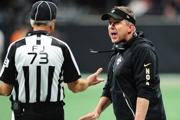 ATLANTA, GA - DECEMBER 7: Head Coach Sean Payton of the New Orleans Saints disputes a referees call during the game against the Atlanta Falcons at Mercedes-Benz Stadium on December 7, 2017 in Atlanta, Georgia. (Photo by Scott Cunningham/Getty Images)