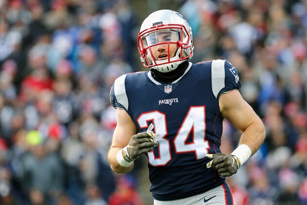 FOXBORO, MA - NOVEMBER 26: Rex Burkhead #34 of the New England Patriots reacts during the first quarter of a game against the Miami Dolphins at Gillette Stadium on November 26, 2017 in Foxboro, Massachusetts. (Photo by Jim Rogash/Getty Images)