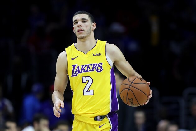 PHILADELPHIA, PA - DECEMBER 7: Lonzo Ball #2 of the Los Angeles Lakers dribbles the ball against the Philadelphia 76ers in the second half at Wells Fargo Center on December 7, 2017 in Philadelphia,Pennsylvania. NOTE TO USER: User expressly acknowledges and agrees that, by downloading and or using this photograph, User is consenting to the terms and conditions of the Getty Images License Agreement. (Photo by Rob Carr/Getty Images)