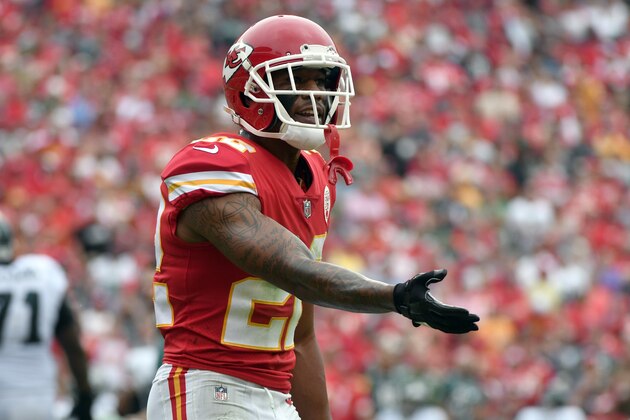 Kansas City Chiefs defensive back Marcus Peters (22) pleads with an official after a review found that Philadelphia Eagles wide receiver Alshon Jeffery scored a touchdown, during the second half of an NFL football game in Kansas City, Mo., Sunday, Sept. 17, 2017. (AP Photo/Ed Zurga)
