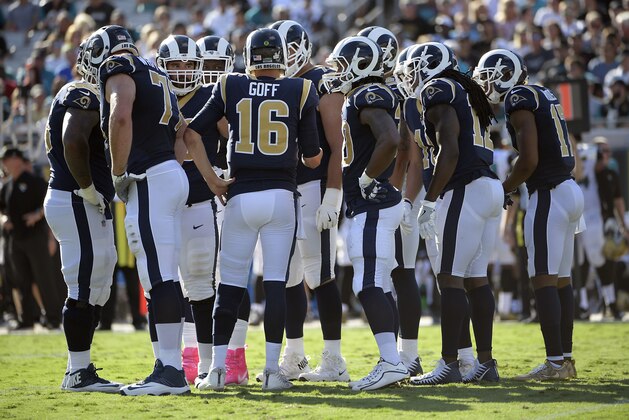 Los Angeles Rams quarterback Jared Goff (16) calls a play in the huddle during the first half of an NFL football game against the Jacksonville Jaguars, Sunday, Oct. 15, 2017, in Jacksonville, Fla. (AP Photo/Phelan M. Ebenhack)