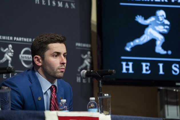 Oklahoma quarterback Baker Mayfield, a Heisman Trophy finalist, takes a question Saturday, Dec. 9, 2017, in New York. (AP Photo/Craig Ruttle)