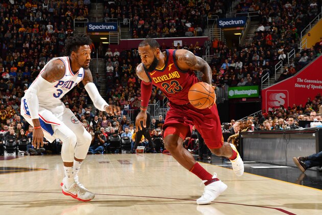 CLEVELAND, OH - DECEMBER 9:  LeBron James #23 of the Cleveland Cavaliers handles the ball against the Philadelphia 76ers on December 9, 2017 at Quicken Loans Arena in Cleveland, Ohio.  NOTE TO USER: User expressly acknowledges and agrees that, by downloading and or using this Photograph, user is consenting to the terms and conditions of the Getty Images License Agreement. Mandatory Copyright Notice: Copyright 2017 NBAE (Photo by Jesse D. Garrabrant/NBAE via Getty Images)