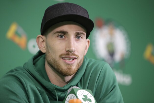 Boston Celtics' Gordon Hayward takes questions from members of the media during a news conference, Thursday, Nov. 2, 2017 at the Celtics' training facility in Waltham, Mass. Hayward broke his left ankle Oct. 17, 2017, while playing in Cleveland against the Cavaliers. (AP Photo/Steven Senne)