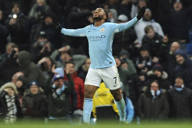 Manchester City's Raheem Sterling celebrates after scoring his side second goal during the English Premier League soccer match between Manchester City and Southampton at Etihad stadium, in Manchester, England, Wednesday, Nov. 29, 2017. (AP Photo/Rui Vieira)
