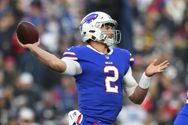 Buffalo Bills quarterback Nathan Peterman (2) passes the ball against the New England Patriots during the second half of an NFL football game, Sunday, Dec. 3, 2017, in Orchard Park, N.Y. The Patriots won 23-3. (AP Photo/Rich Barnes)