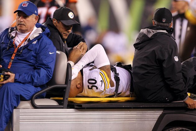CINCINNATI, OH - DECEMBER 04:  Ryan Shazier #50 of the Pittsburgh Steelers reacts as he is carted off the field after a injury against the Cincinnati Bengals during the first half at Paul Brown Stadium on December 4, 2017 in Cincinnati, Ohio.  (Photo by John Grieshop/Getty Images)