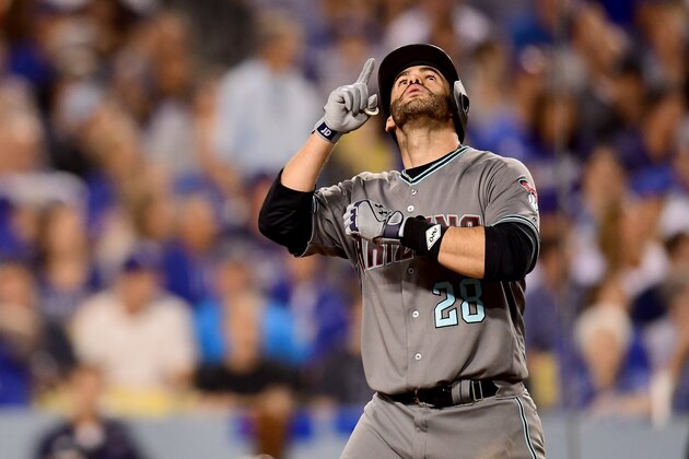 LOS ANGELES, CA - OCTOBER 06: J.D. Martinez #28 of the Arizona Diamondbacks celebrates after hitting a solo home run in the sixth inning against the Los Angeles Dodgers in game one of the National League Division Series at Dodger Stadium on October 6, 2017 in Los Angeles, California. (Photo by Harry How/Getty Images) LOS ANGELES, CA - OCTOBER 06: J.D. Martinez #28 of the Arizona Diamondbacks celebrates after hitting a solo home run in the sixth inning against the Los Angeles Dodgers in game one of the National League Division Series at Dodger Stadium on October 6, 2017 in Los Angeles, California. (Photo by Harry How/Getty Images)