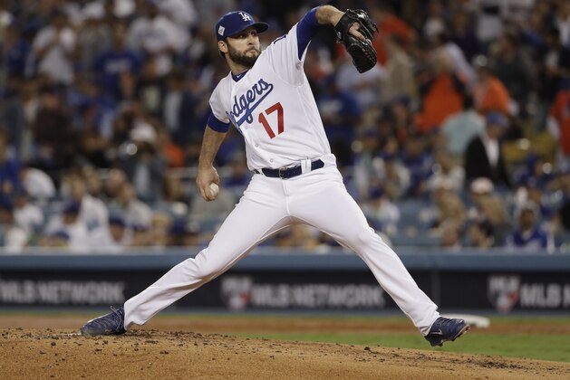 Los Angeles Dodgers' Brandon Morrow throws during the second inning of Game 7 of baseball's World Series against the Houston Astros Wednesday, Nov. 1, 2017, in Los Angeles. (AP Photo/Matt Slocum)