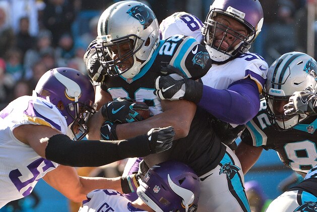 CHARLOTTE, NC - DECEMBER 10:  Jonathan Stewart #28 of the Carolina Panthers runs for a touchdown agains the Minnesota Vikings in the second quarter during their game at Bank of America Stadium on December 10, 2017 in Charlotte, North Carolina.  (Photo by Grant Halverson/Getty Images)