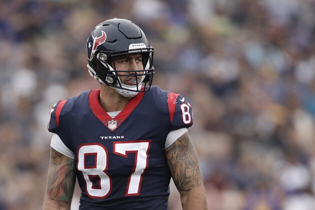 Houston Texans' C.J. Fiedorowicz stands on the field during an NFL football game against the Los Angeles Rams Sunday, Nov. 12, 2017, in Los Angeles. (AP Photo/Jae C. Hong)