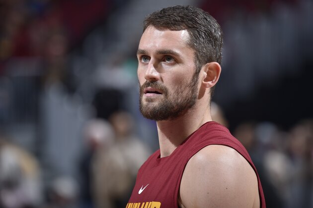 CLEVELAND, OH - DECEMBER 6: Kevin Love #0 of the Cleveland Cavaliers looks on during the game against the Sacramento Kings on December 6, 2017 at Quicken Loans Arena in Cleveland, Ohio. NOTE TO USER: User expressly acknowledges and agrees that, by downloading and/or using this Photograph, user is consenting to the terms and conditions of the Getty Images License Agreement. Mandatory Copyright Notice: Copyright 2017 NBAE  (Photo by David Liam Kyle/NBAE via Getty Images)