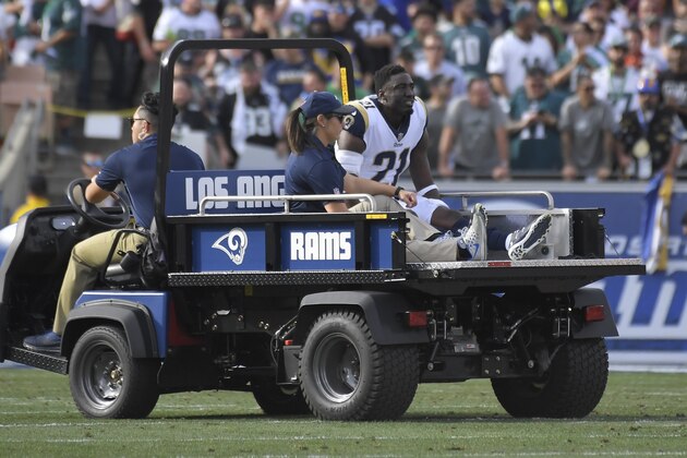 Los Angeles Rams cornerback Kayvon Webster is taken off the field after being injured during the first half of an NFL football game against the Philadelphia Eagles Sunday, Dec. 10, 2017, in Los Angeles. (AP Photo/Mark J. Terrill)