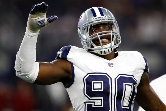 ARLINGTON, TX - NOVEMBER 30:  DeMarcus Lawrence #90 of the Dallas Cowboys reacts after a 38-14 win over the Washington Redskins at AT&T Stadium on November 30, 2017 in Arlington, Texas.  (Photo by Wesley Hitt/Getty Images)