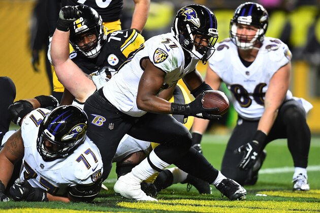 PITTSBURGH, PA - DECEMBER 10: Javorius Allen #37 of the Baltimore Ravens scores a 1 yard touchdown in the third quarter during the game against the Pittsburgh Steelers at Heinz Field on December 10, 2017 in Pittsburgh, Pennsylvania. (Photo by Joe Sargent/Getty Images)