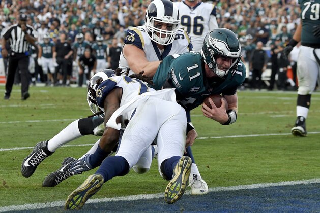 Philadelphia Eagles quarterback Carson Wentz gets tackles during the second half of an NFL football game against the Los Angeles Rams Sunday, Dec. 10, 2017, in Los Angeles. Wentz left the game shortly after the play and did not return to the game. (AP Photo/Mark J. Terrill)
