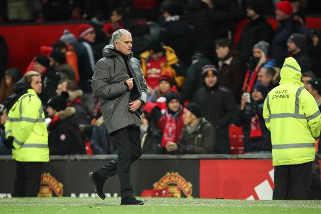 MANCHESTER, ENGLAND - DECEMBER 10: Jose Mourinho the head coach / manager of Manchester United reacts at full time during the Premier League match between Manchester United and Manchester City at Old Trafford on December 10, 2017 in Manchester, England. (Photo by Robbie Jay Barratt - AMA/Getty Images)