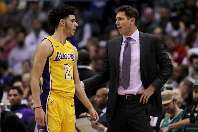 MILWAUKEE, WI - NOVEMBER 11:  Lonzo Ball #2 of the Los Angeles Lakers meets with head coach Luke Walton in the fourth quarter against the Milwaukee Bucks at the Bradley Center on November 11, 2017 in Milwaukee, Wisconsin. NOTE TO USER: User expressly acknowledges and agrees that, by downloading and or using this photograph, User is consenting to the terms and conditions of the Getty Images License Agreement. (Photo by Dylan Buell/Getty Images)